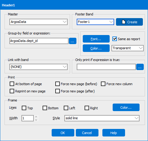 Group band options dialog with department i d entered into the group by field or expression edit box. A footer band has also been created and appears in the Footer Band section in the upper right corner of the dialog.